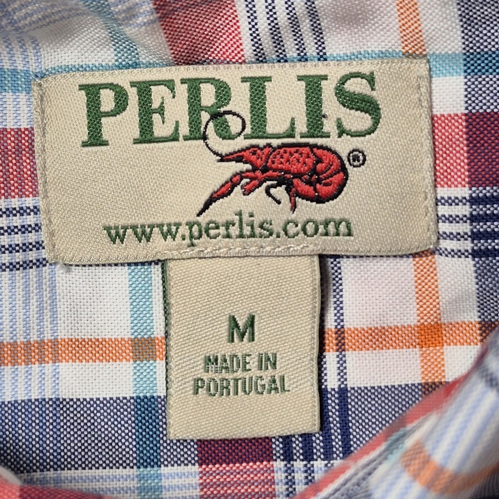 Perlis Men's Medium Plaid Button Down Crawfish Logo Southern Prep Oxford Shirt - Picture 6 of 7